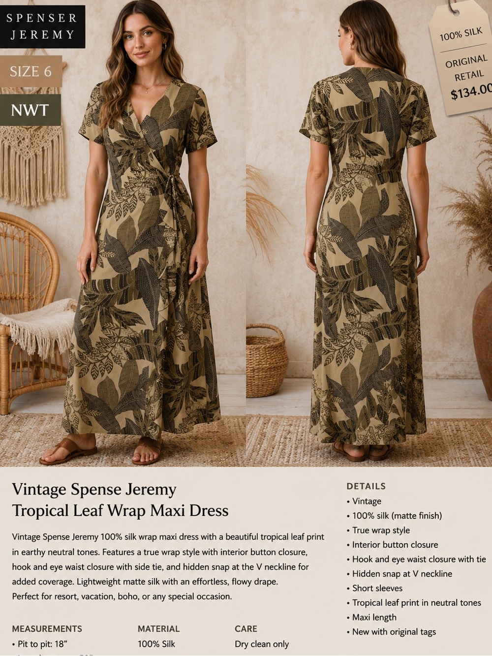 Spenser Jeremy sz 6 100% Silk Tropical Leaf Wrap Maxi Dress coastal grandma new